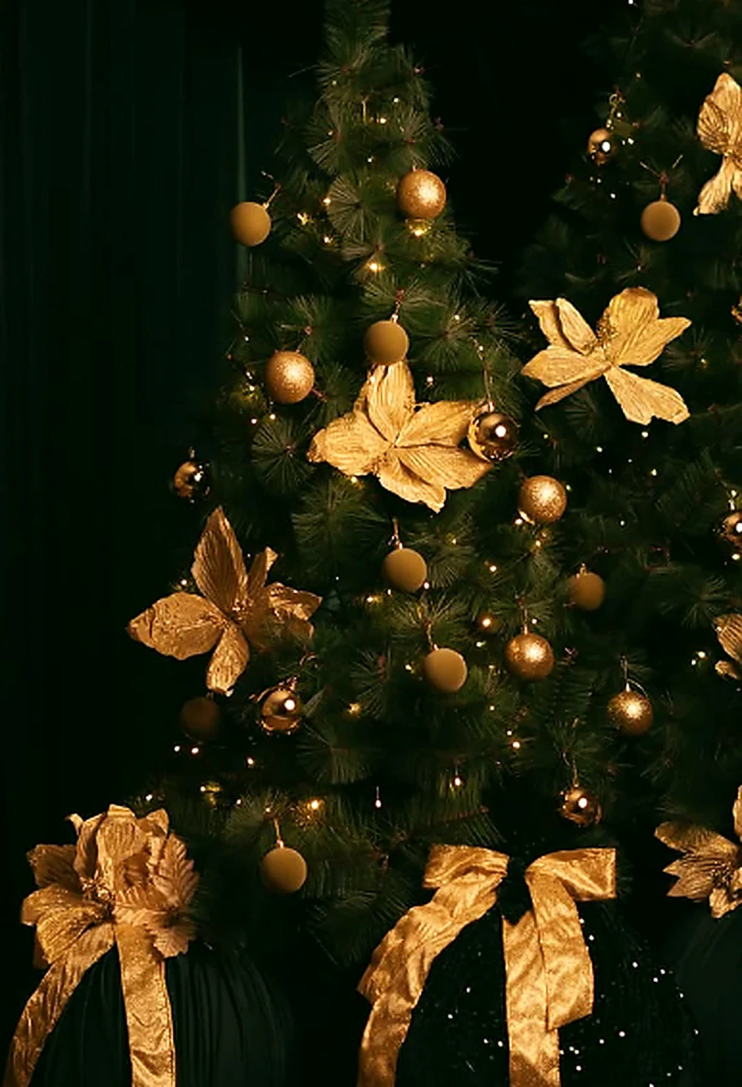 Árvore de Natal em cenário verde-escuro decorada com laços e bolas douradas
